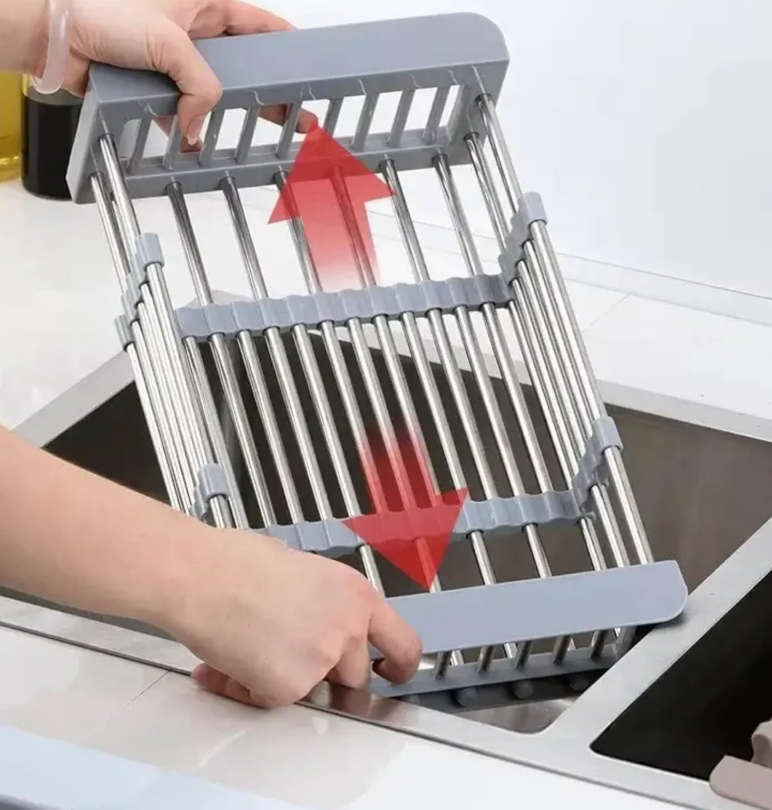 Extended extendable stainless steel sink drain rack, large capacity dish, fruit, and vegetable storage basket, kitchen countertop storage basket